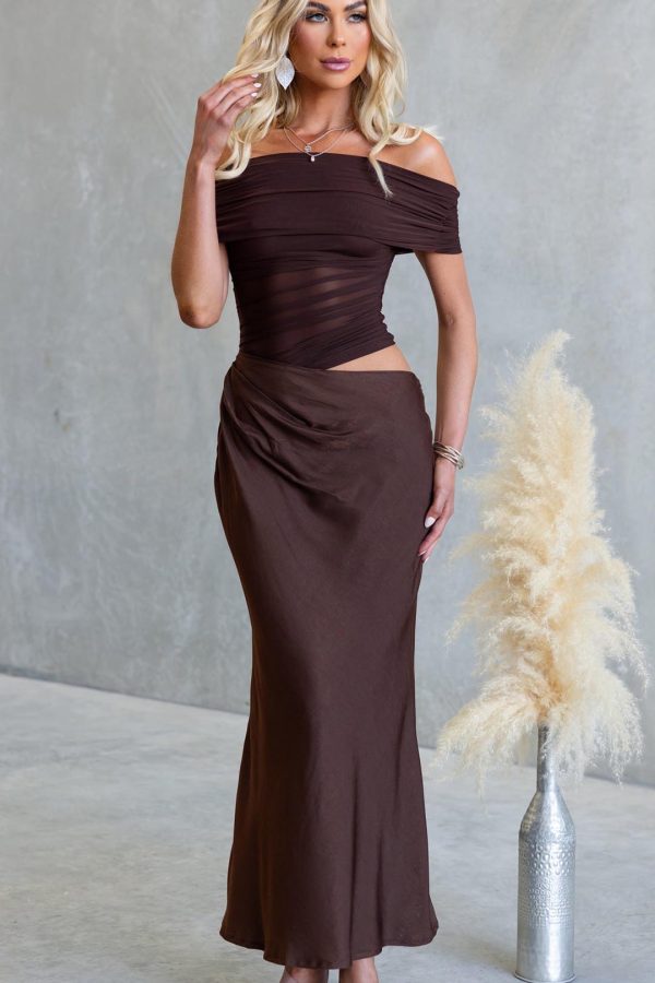 Chocolate Cutout Ruched Mesh Maxi Dress