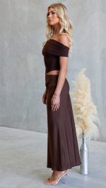 Chocolate Cutout Ruched Mesh Maxi Dress
