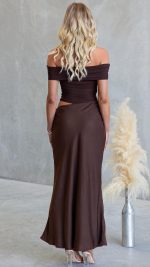 Chocolate Cutout Ruched Mesh Maxi Dress