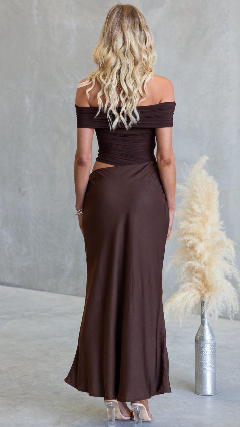 Chocolate Cutout Ruched Mesh Maxi Dress