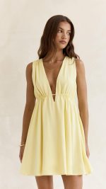 Yellow Open-Back Plunge A-Line Mini Dress