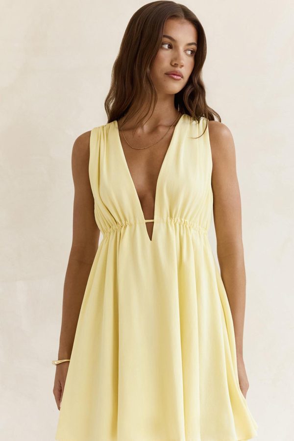 Yellow Open-Back Plunge A-Line Mini Dress
