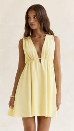 Yellow Open-Back Plunge A-Line Mini Dress