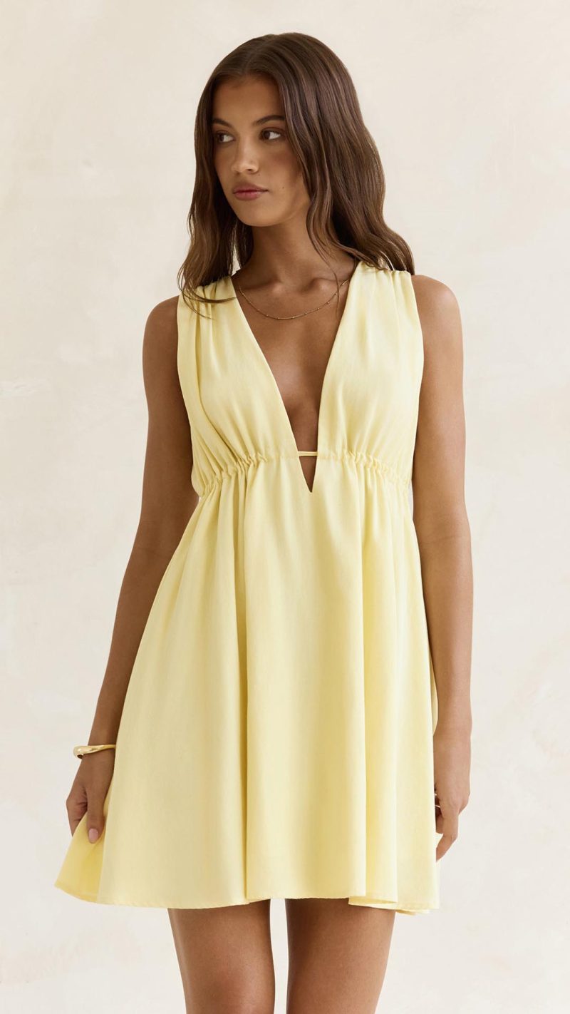Yellow Open-Back Plunge A-Line Mini Dress