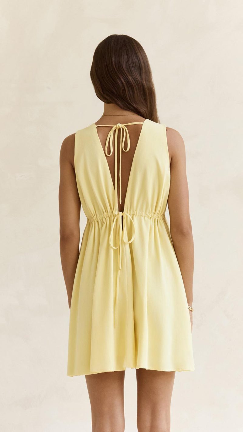 Yellow Open-Back Plunge A-Line Mini Dress