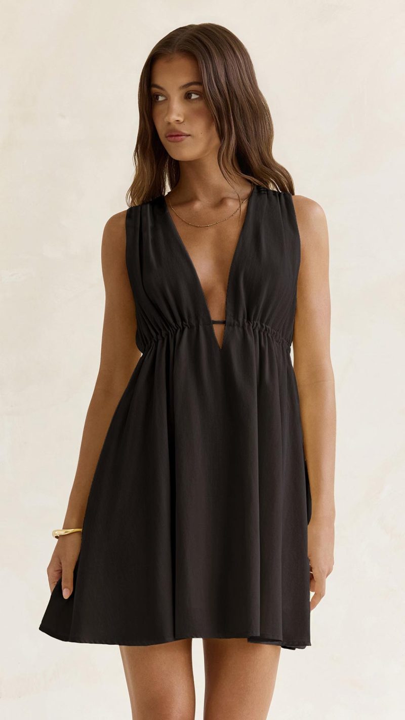 Black Open-Back Plunge A-Line Mini Dress