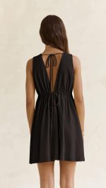 Black Open-Back Plunge A-Line Mini Dress