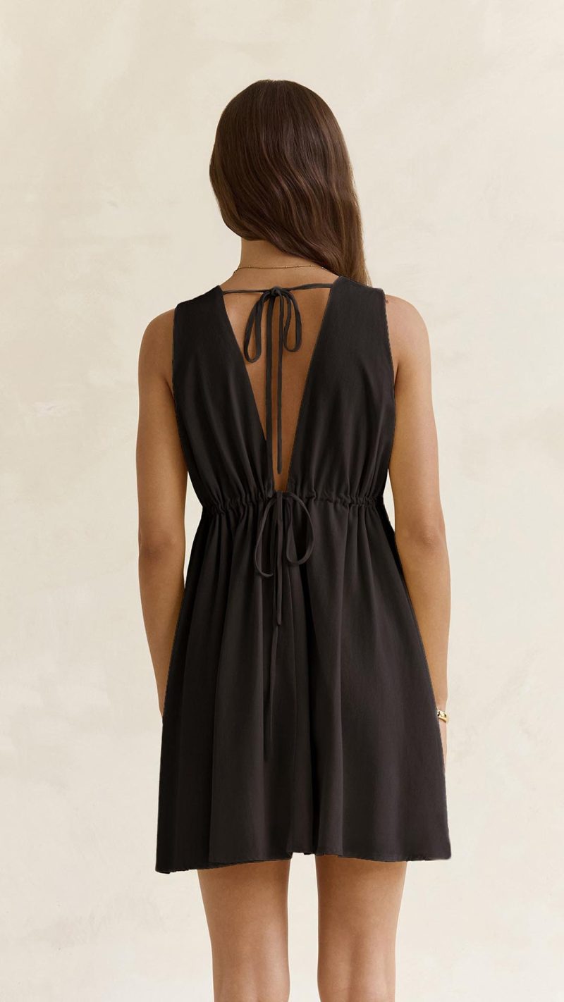 Black Open-Back Plunge A-Line Mini Dress