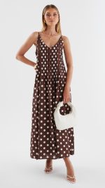 Brown Polka Dot Pleated Trapeze Maxi Dress