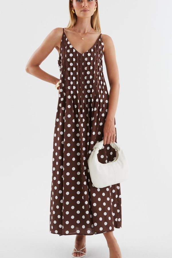 Brown Polka Dot Pleated Trapeze Maxi Dress