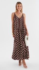 Brown Polka Dot Pleated Trapeze Maxi Dress
