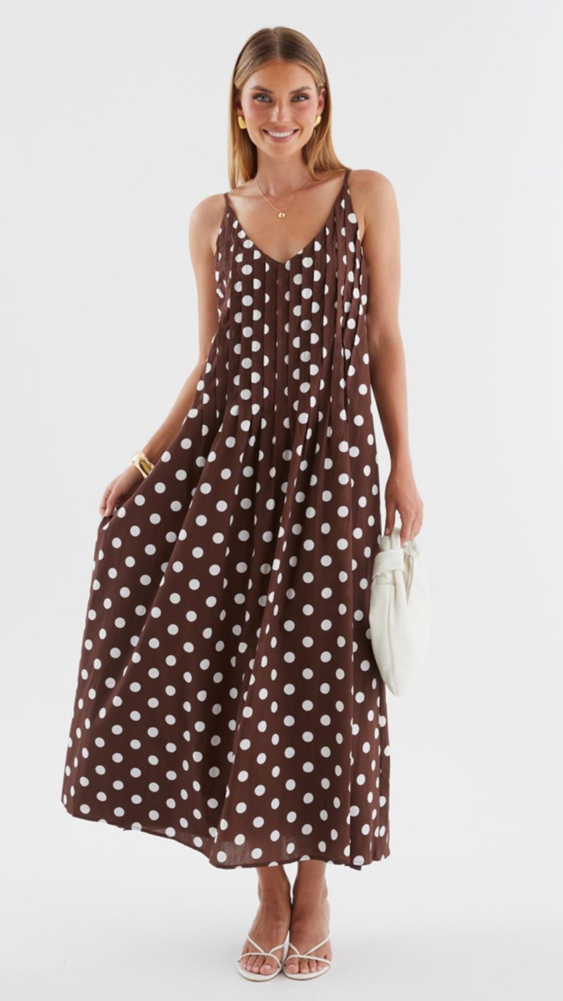 Brown Polka Dot Pleated Trapeze Maxi Dress