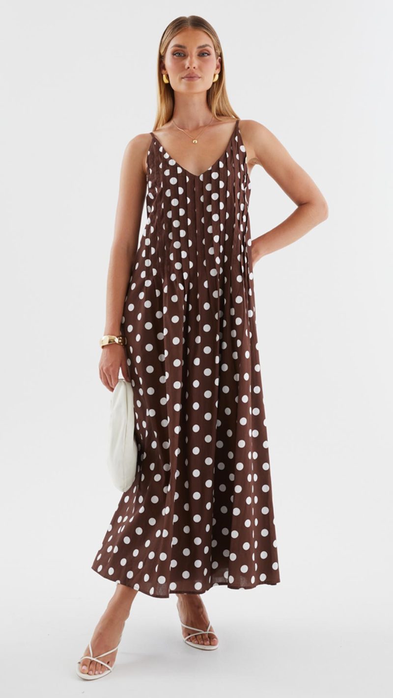 Brown Polka Dot Pleated Trapeze Maxi Dress