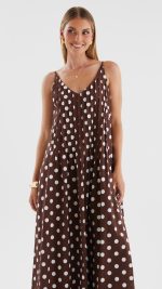 Brown Polka Dot Pleated Trapeze Maxi Dress