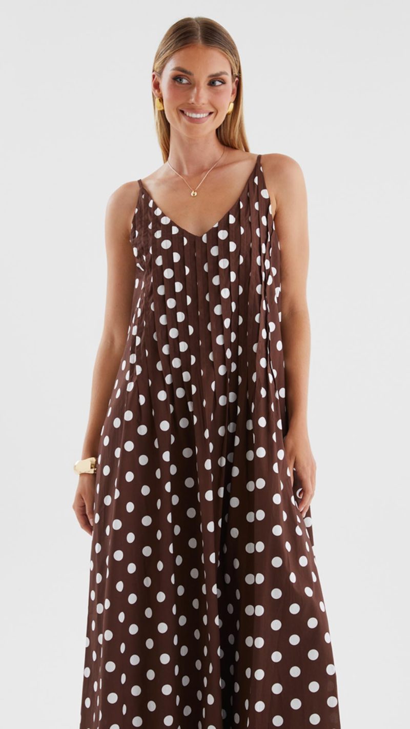 Brown Polka Dot Pleated Trapeze Maxi Dress