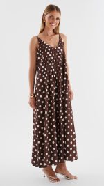 Brown Polka Dot Pleated Trapeze Maxi Dress