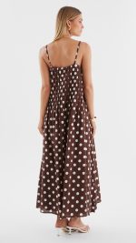 Brown Polka Dot Pleated Trapeze Maxi Dress