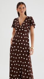 Chocolate Polka Dot Button-Through Maxi Dress
