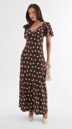 Chocolate Polka Dot Button-Through Maxi Dress