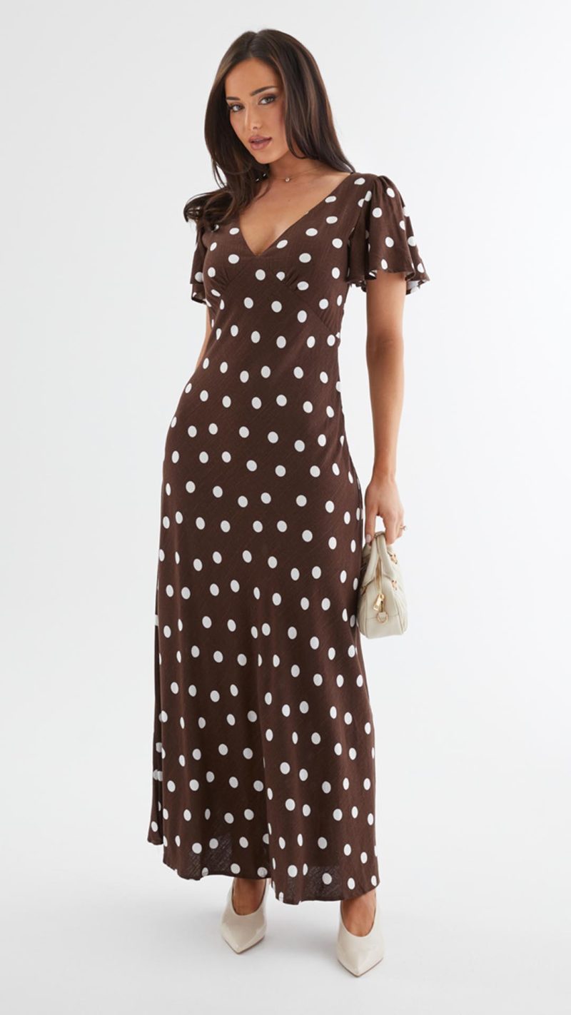 Chocolate Polka Dot Button-Through Maxi Dress