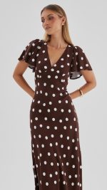 Chocolate Polka Dot Button-Through Maxi Dress