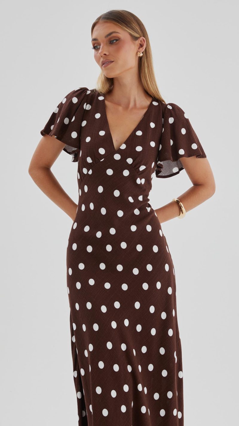 Chocolate Polka Dot Button-Through Maxi Dress