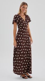 Chocolate Polka Dot Button-Through Maxi Dress