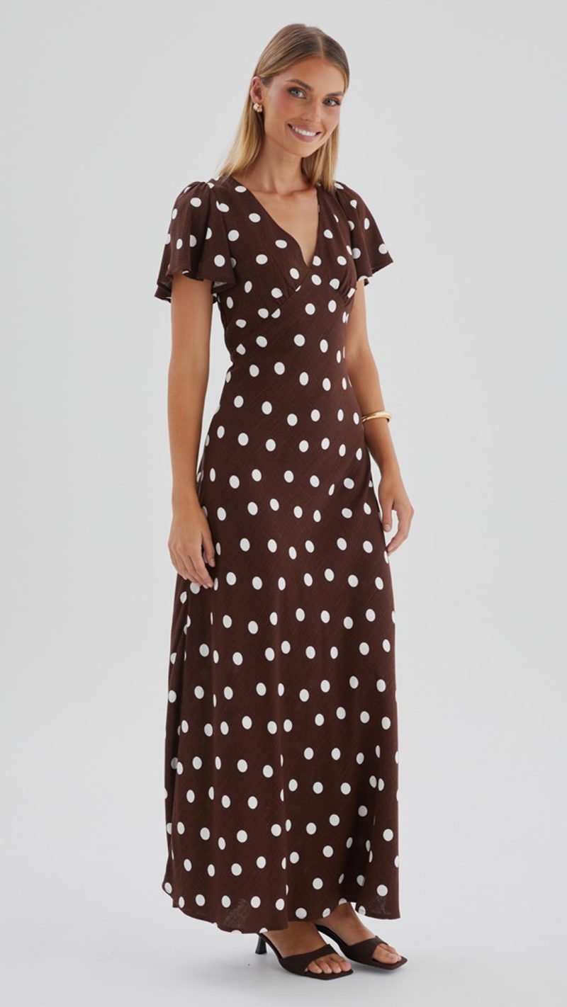 Chocolate Polka Dot Button-Through Maxi Dress