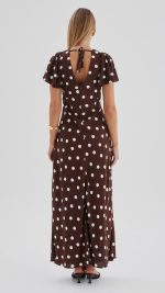 Chocolate Polka Dot Button-Through Maxi Dress