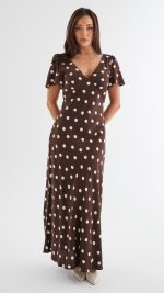 Chocolate Polka Dot Button-Through Maxi Dress
