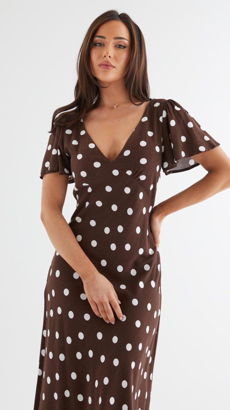 Chocolate Polka Dot Button-Through Maxi Dress