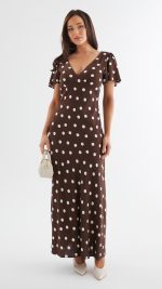 Chocolate Polka Dot Button-Through Maxi Dress