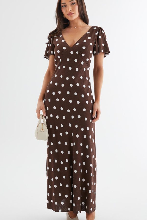 Chocolate Polka Dot Button-Through Maxi Dress