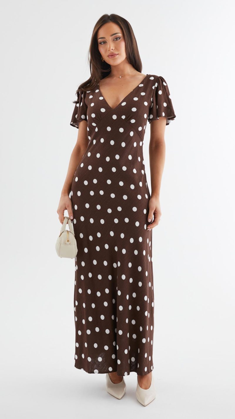 Chocolate Polka Dot Button-Through Maxi Dress