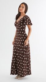Chocolate Polka Dot Button-Through Maxi Dress