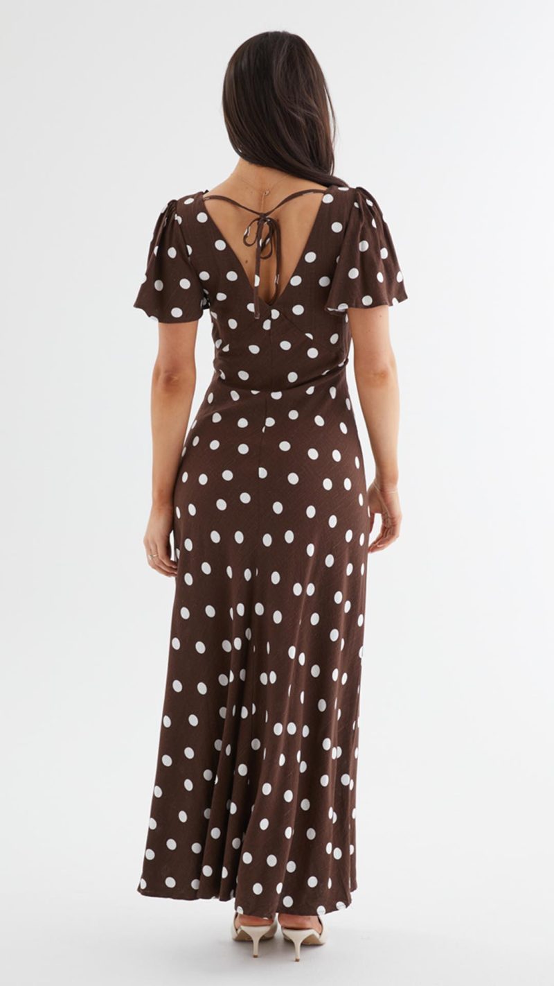 Chocolate Polka Dot Button-Through Maxi Dress