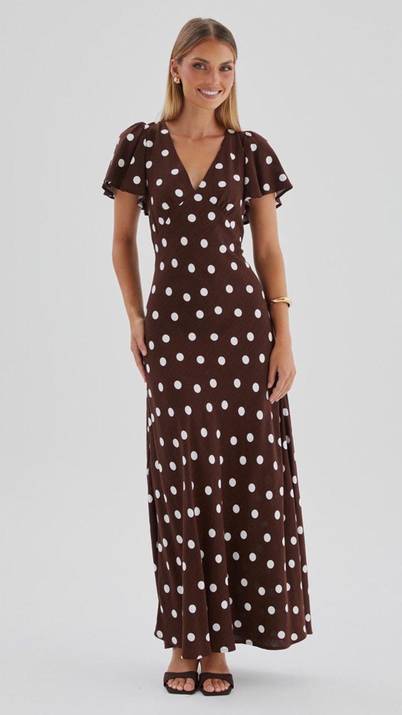 Chocolate Polka Dot Button-Through Maxi Dress