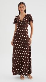 Chocolate Polka Dot Button-Through Maxi Dress