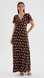 Chocolate Polka Dot Button-Through Maxi Dress