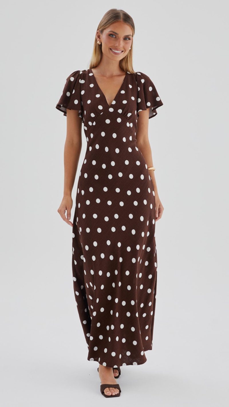 Chocolate Polka Dot Button-Through Maxi Dress