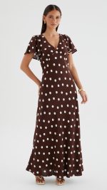Chocolate Polka Dot Button-Through Maxi Dress