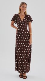 Chocolate Polka Dot Button-Through Maxi Dress