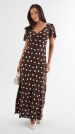 Chocolate Polka Dot Button-Through Maxi Dress