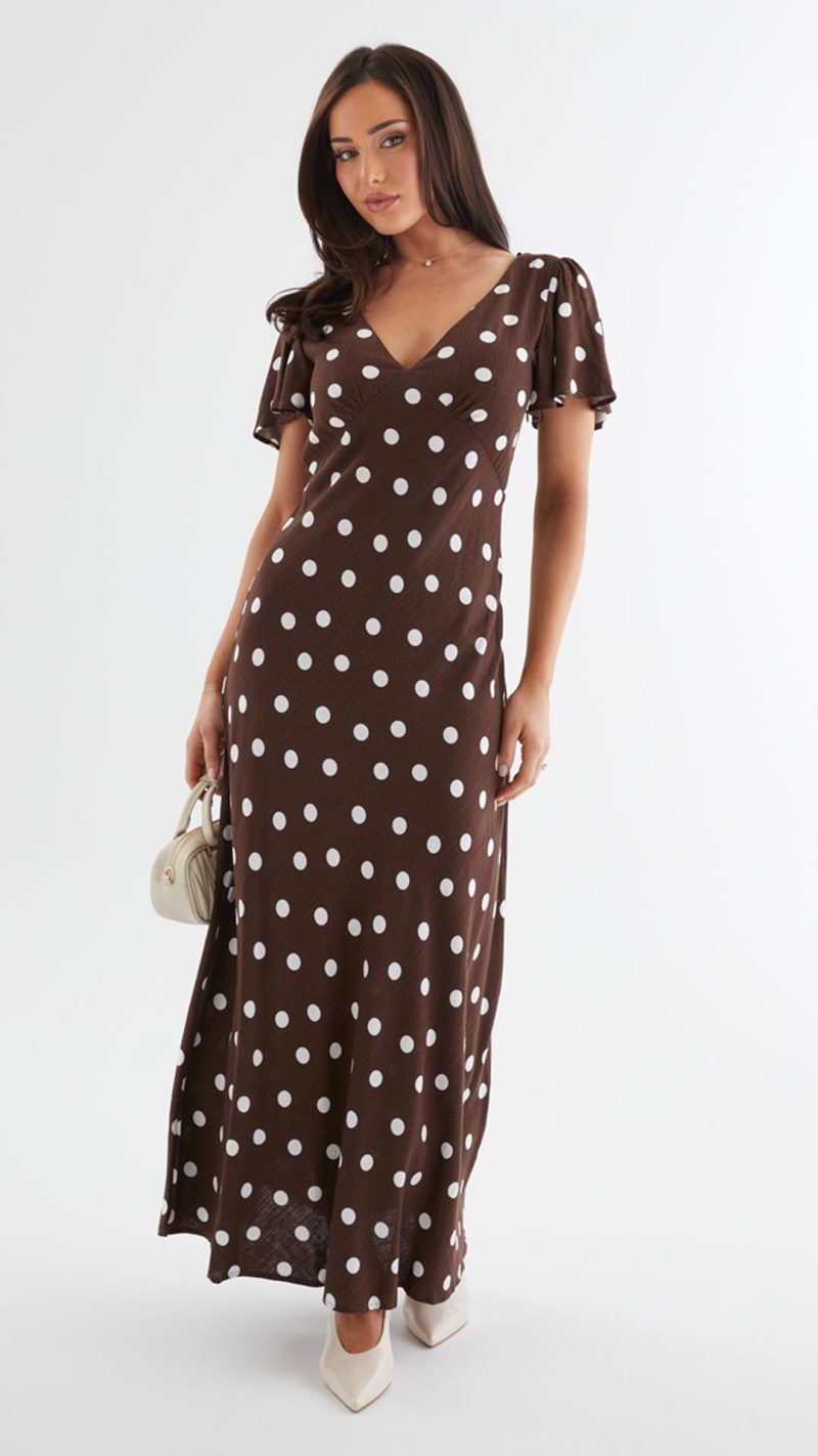 Chocolate Polka Dot Button-Through Maxi Dress