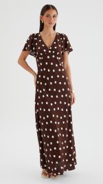 Chocolate Polka Dot Button-Through Maxi Dress