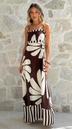 Brown/Beige Floral Stripe-Trimmed A-Line Maxi Dress