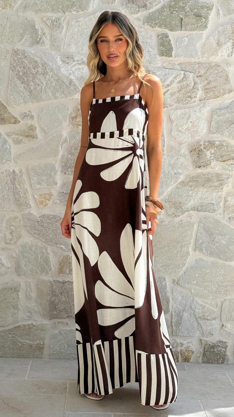 Brown/Beige Floral Stripe-Trimmed A-Line Maxi Dress