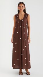 Chocolate Polka Gathered Scoop A-Line Maxi Dress