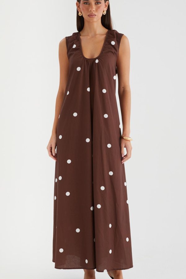 Chocolate Polka Gathered Scoop A-Line Maxi Dress