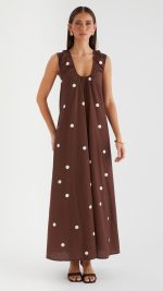Chocolate Polka Gathered Scoop A-Line Maxi Dress